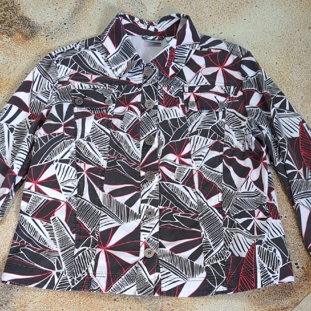 Chico's | Black White Red Lightweight Maximalist Denim Shirt Jacket Size 3